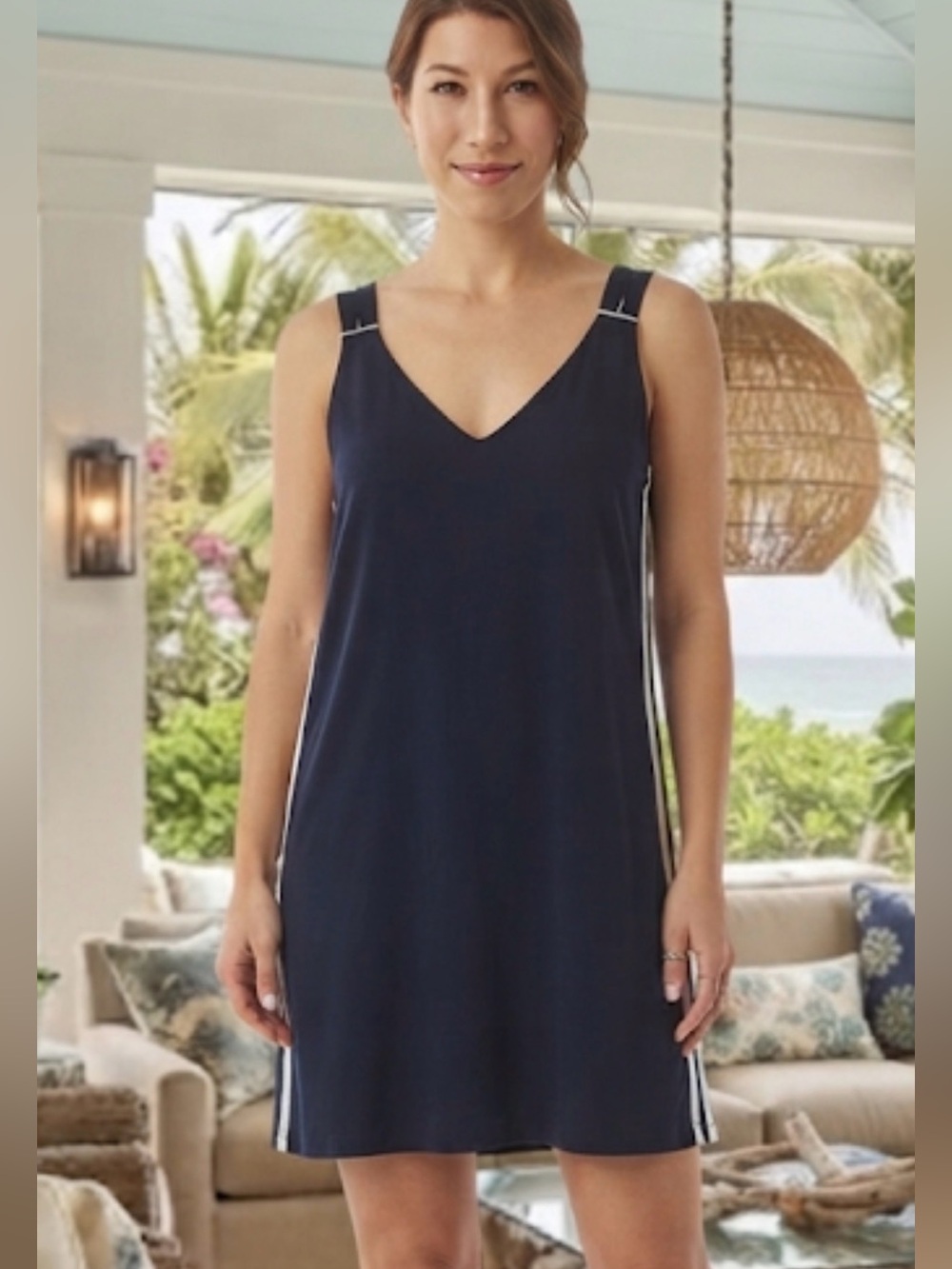 Navy Sleeveless V-Neck lounge or casual dress with White Side Stripes